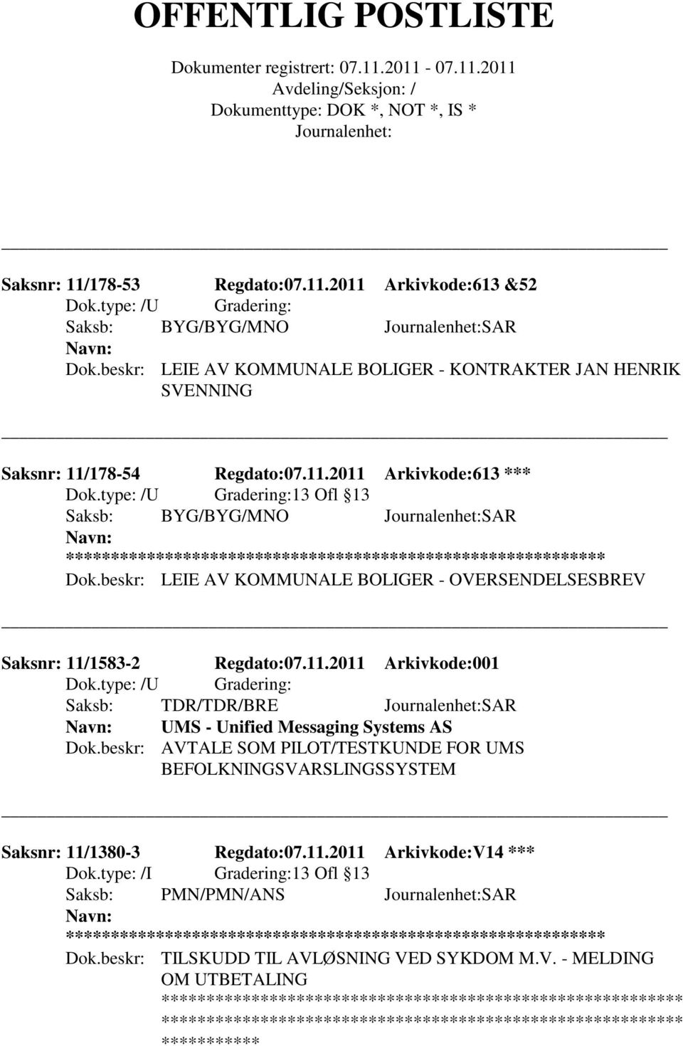 beskr: LEIE AV KOMMUNALE BOLIGER - OVERSENDELSESBREV Saksnr: 11/1583-2 Regdato:07.11.2011 Arkivkode:001 Saksb: TDR/TDR/BRE SAR UMS - Unified Messaging Systems AS Dok.