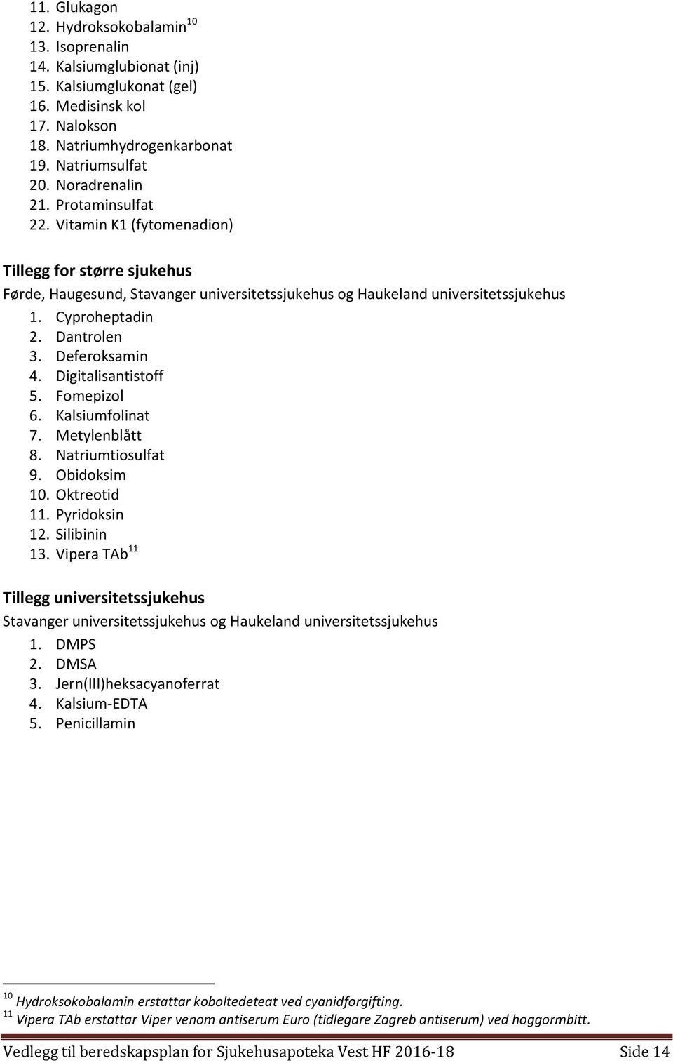 Dantrolen 3. Deferoksamin 4. Digitalisantistoff 5. Fomepizol 6. Kalsiumfolinat 7. Metylenblått 8. Natriumtiosulfat 9. Obidoksim 10. Oktreotid 11. Pyridoksin 12. Silibinin 13.