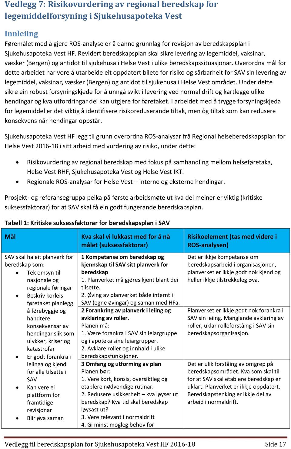 Overordna mål for dette arbeidet har vore å utarbeide eit oppdatert bilete for risiko og sårbarheit for SAV sin levering av legemiddel, vaksinar, væsker (Bergen) og antidot til sjukehusa i Helse Vest