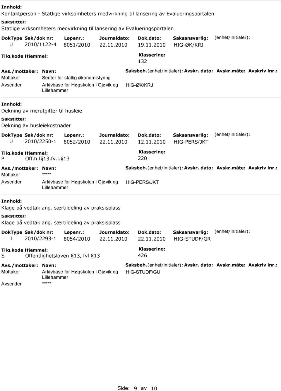 : Mottaker enter for statlig økonomistyring HG-ØK/KRJ Dekning av merutgifter til husleie Dekning av husleiekostnader 2010/2250-1 8052/2010 12.11.2010 220 Avs./mottaker: Navn: aksbeh.