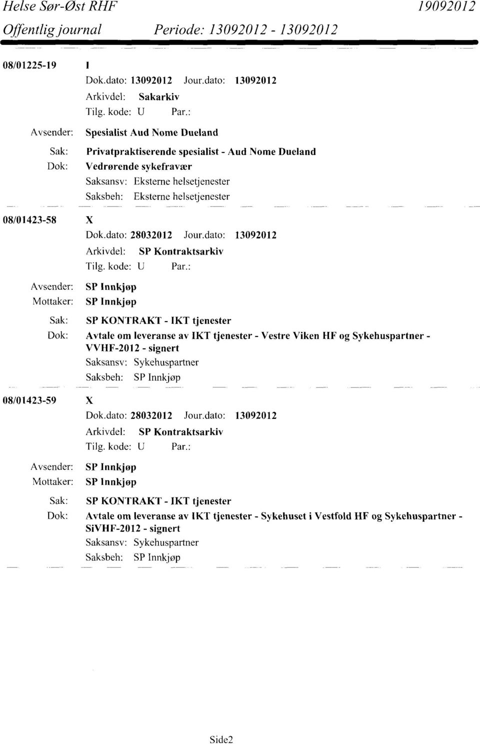 dato: 13092012 Arkivdel: SP Kontraktsarkiv Sak: SP KONTRAKT - IKT tjenester Dok: Avtale om leveranse av IKT tjenester - Vestre Viken HF og Sykehuspartner - VVHF-2012