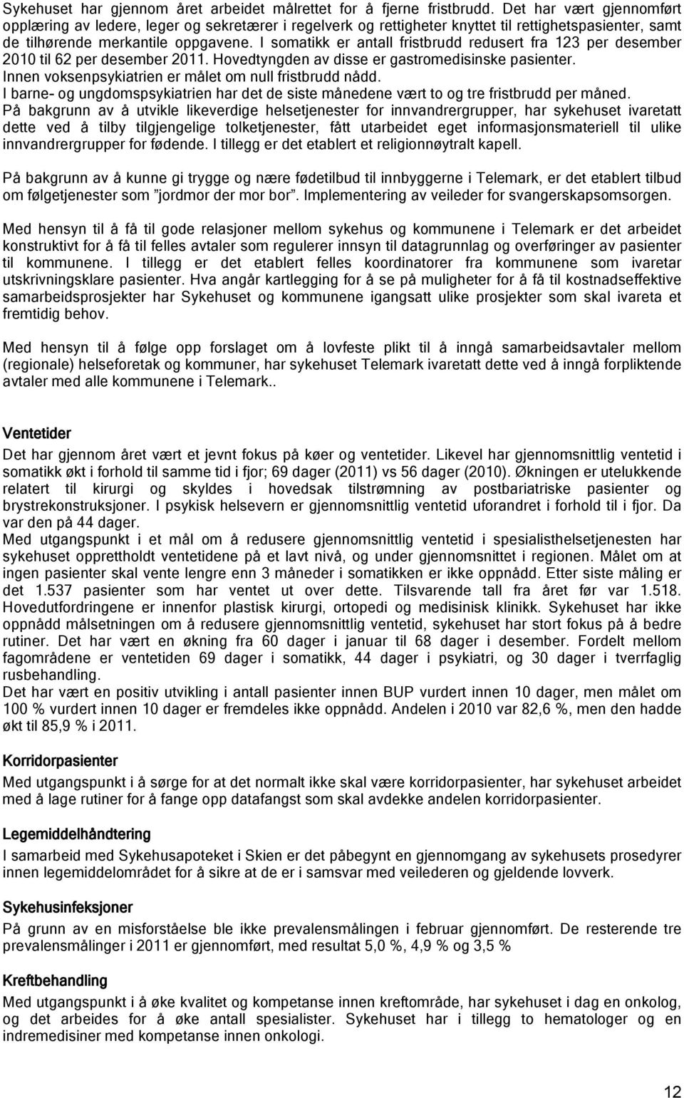 I somatikk er antall fristbrudd redusert fra 123 per desember 2010 til 62 per desember 2011. Hovedtyngden av disse er gastromedisinske pasienter.