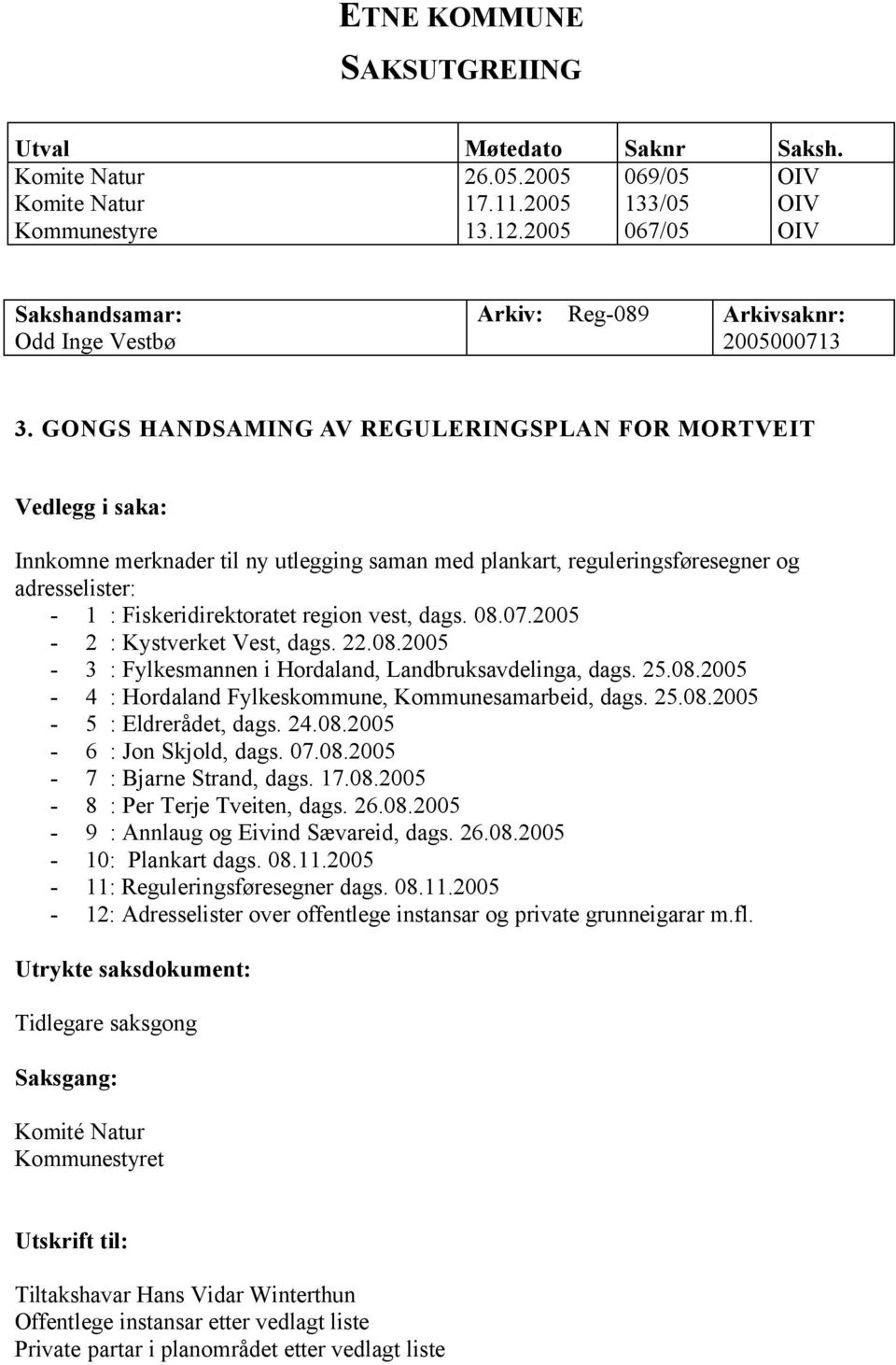 GONGS HANDSAMING AV REGULERINGSPLAN FOR MORTVEIT Vedlegg i saka: Innkomne merknader til ny utlegging saman med plankart, reguleringsføresegner og adresselister: - 1 : Fiskeridirektoratet region vest,