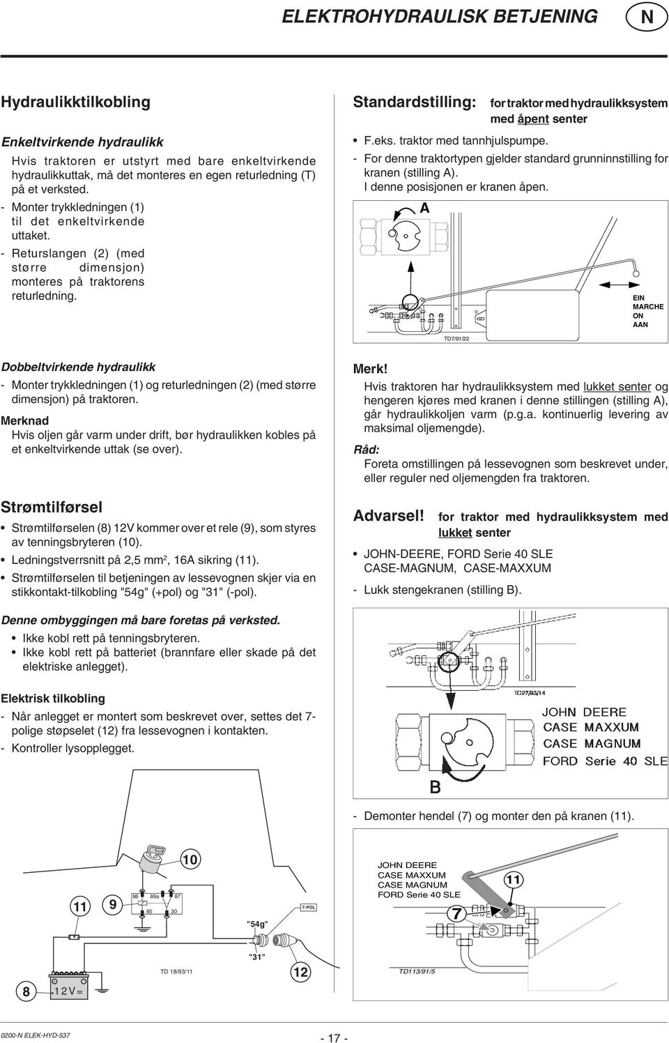 Standardstilling: for traktor med hydraulikksystem med åpent senter F.eks. traktor med tannhjulspumpe. - For denne traktortypen gjelder standard grunninnstilling for kranen (stilling A).