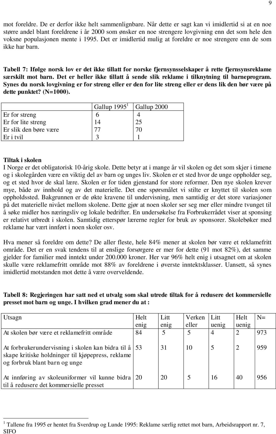 Det er imidlertid mulig at foreldre er noe strengere enn de som ikke har barn. Tabell 7: Ifølge norsk lov er det ikke tillatt for norske fjernsynsselskaper å rette fjernsynsreklame særskilt mot barn.