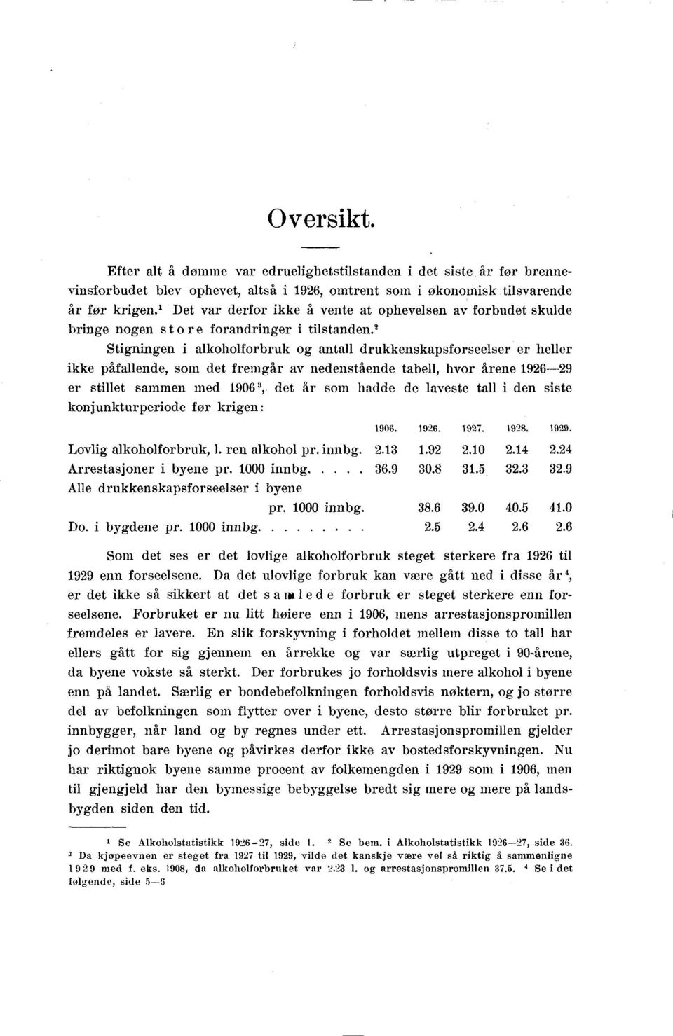 ' Stigningen i alkoholforbruk og antall drukkenskapsforseelser er heller ikke påfallende, som det fremgår av nedenstående tabell, hvor årene 96-9 er stillet sammen med 906 3, det år som hadde de