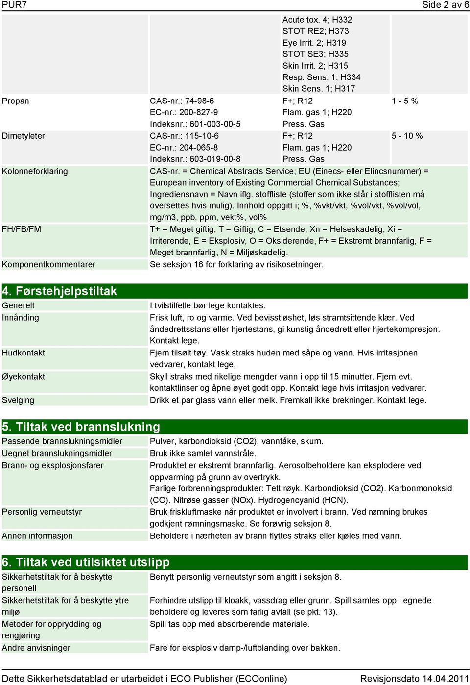 = Chemical Abstracts Service; EU (Einecs- eller Elincsnummer) = European inventory of Existing Commercial Chemical Substances; Ingrediensnavn = Navn iflg.