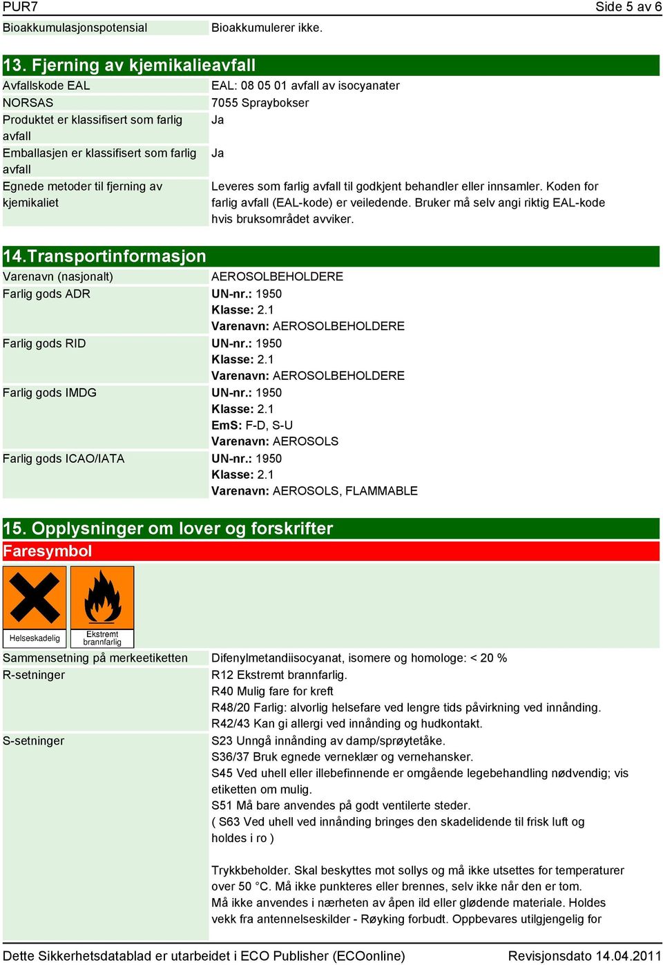 Transportinformasjon EAL: 08 05 01 avfall av isocyanater 7055 Spraybokser Ja Ja Leveres som farlig avfall til godkjent behandler eller innsamler. Koden for farlig avfall (EAL-kode) er veiledende.