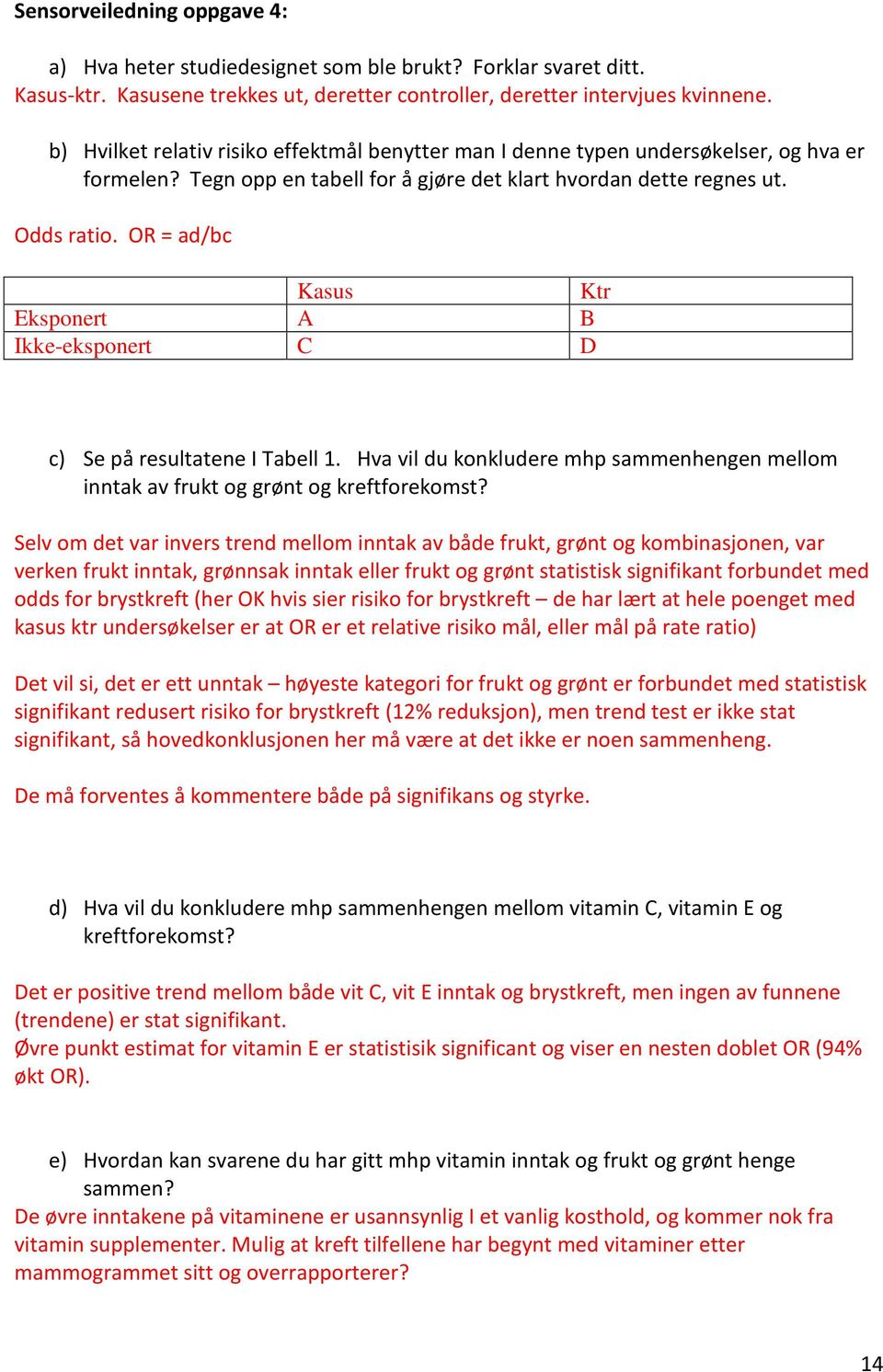 OR = ad/bc Kasus Ktr Eksponert A B Ikke-eksponert C D c) Se på resultatene I Tabell 1. Hva vil du konkludere mhp sammenhengen mellom inntak av frukt og grønt og kreftforekomst?