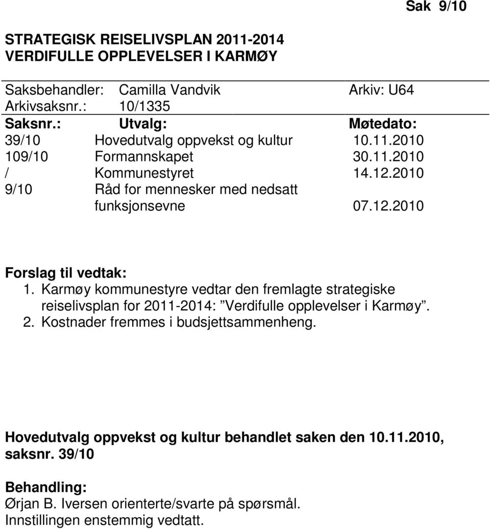 2010 9/10 Råd for mennesker med nedsatt funksjonsevne 07.12.2010 Forslag til vedtak: 1.