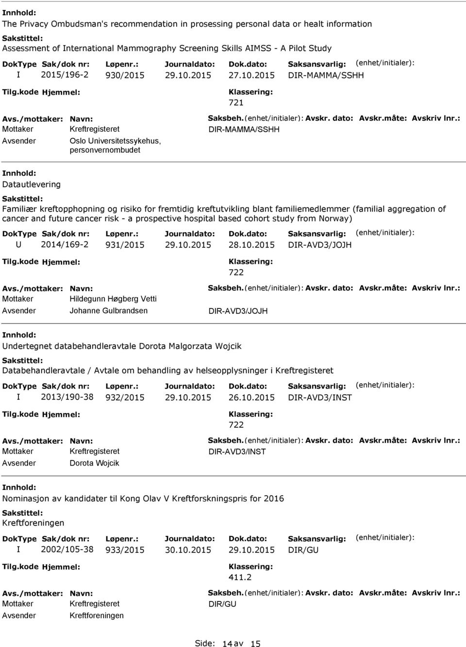 : DR-MAMMA/SSHH Oslo niversitetssykehus, personvernombudet Datautlevering Familiær kreftopphopning og risiko for fremtidig kreftutvikling blant familiemedlemmer (familial aggregation of cancer and