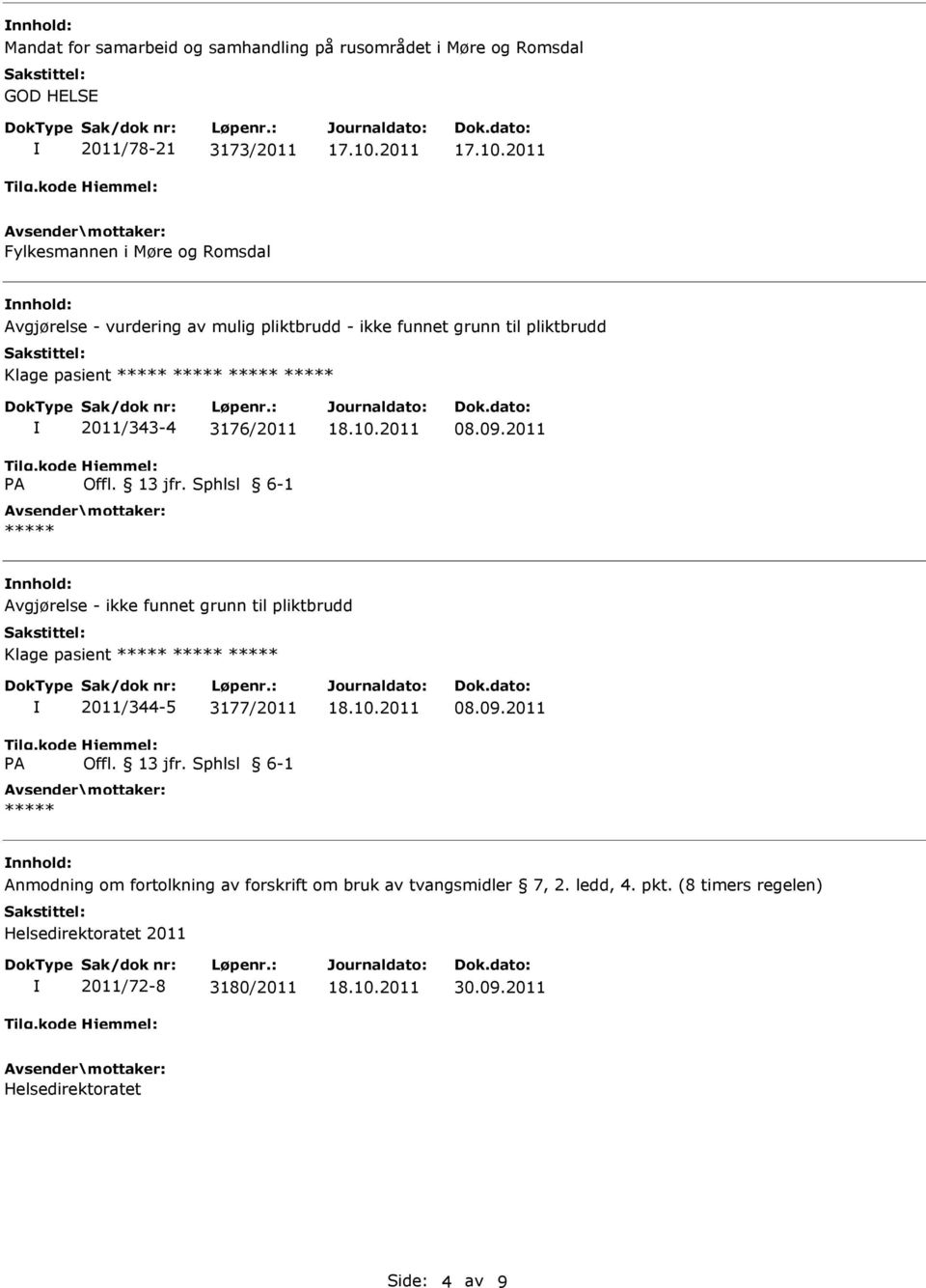 2011 Avgjørelse - ikke funnet grunn til pliktbrudd Klage pasient A 2011/344-5 3177/2011 08.09.