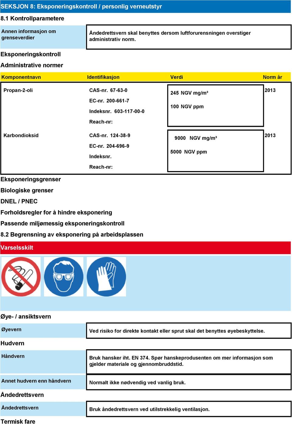 603-117-00-0 Reach-nr: 245 NGV mg/m³ 100 NGV ppm 2013 Karbondioksid CAS-nr. 124-38-9 EC-nr. 204-696-9 Indeksnr.