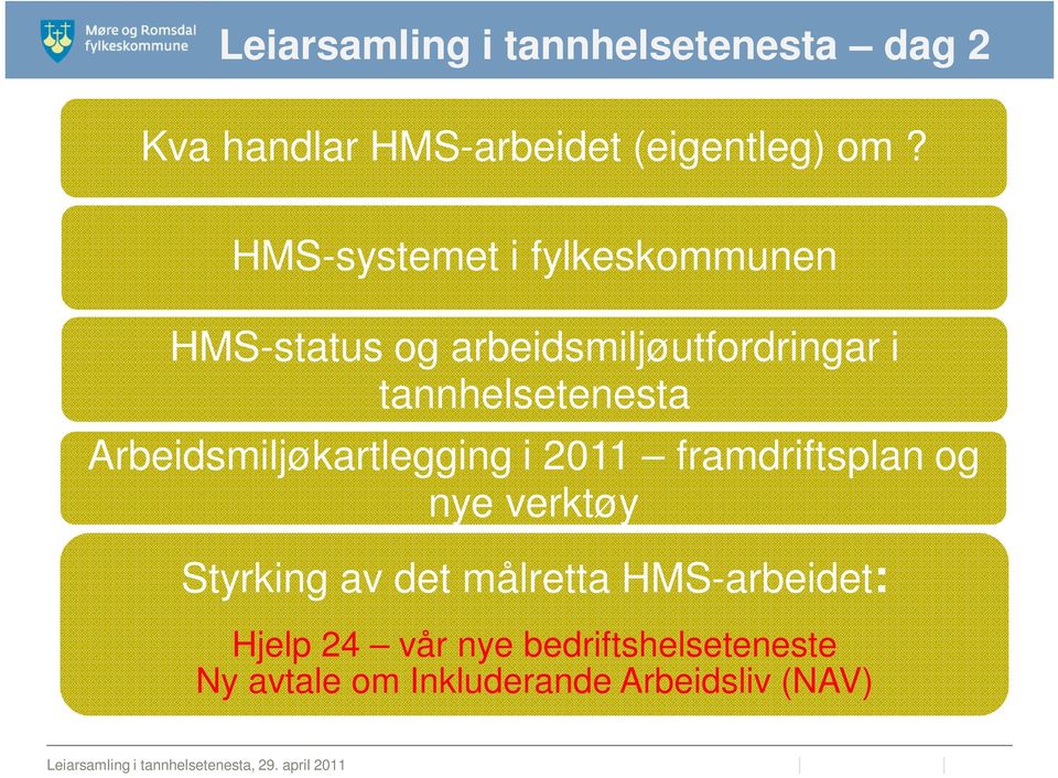 Arbeidsmiljøkartlegging i 2011 framdriftsplan og nye verktøy Styrking av det målretta