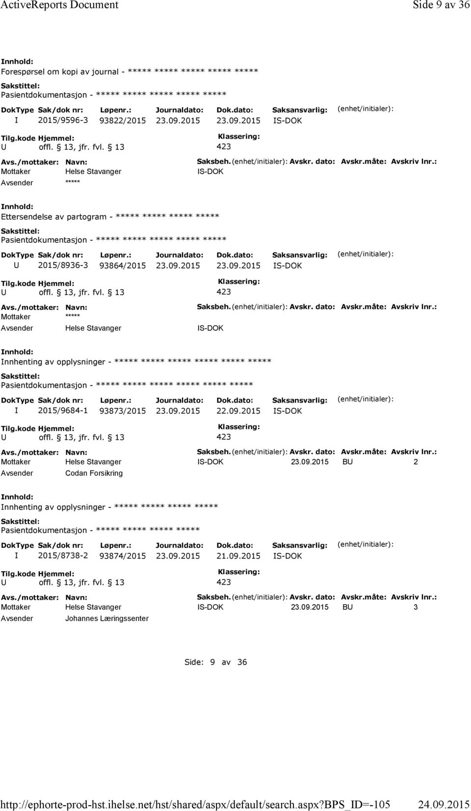 Avskr. dato: Avskr.måte: Avskriv lnr.: B 2 Codan Forsikring nnhenting av opplysninger - ***** ***** ***** ***** 2015/8738-2 93874/2015 Saksbeh. Avskr. dato: Avskr.måte: Avskriv lnr.: B 3 Johannes Læringssenter Side: 9 av 36