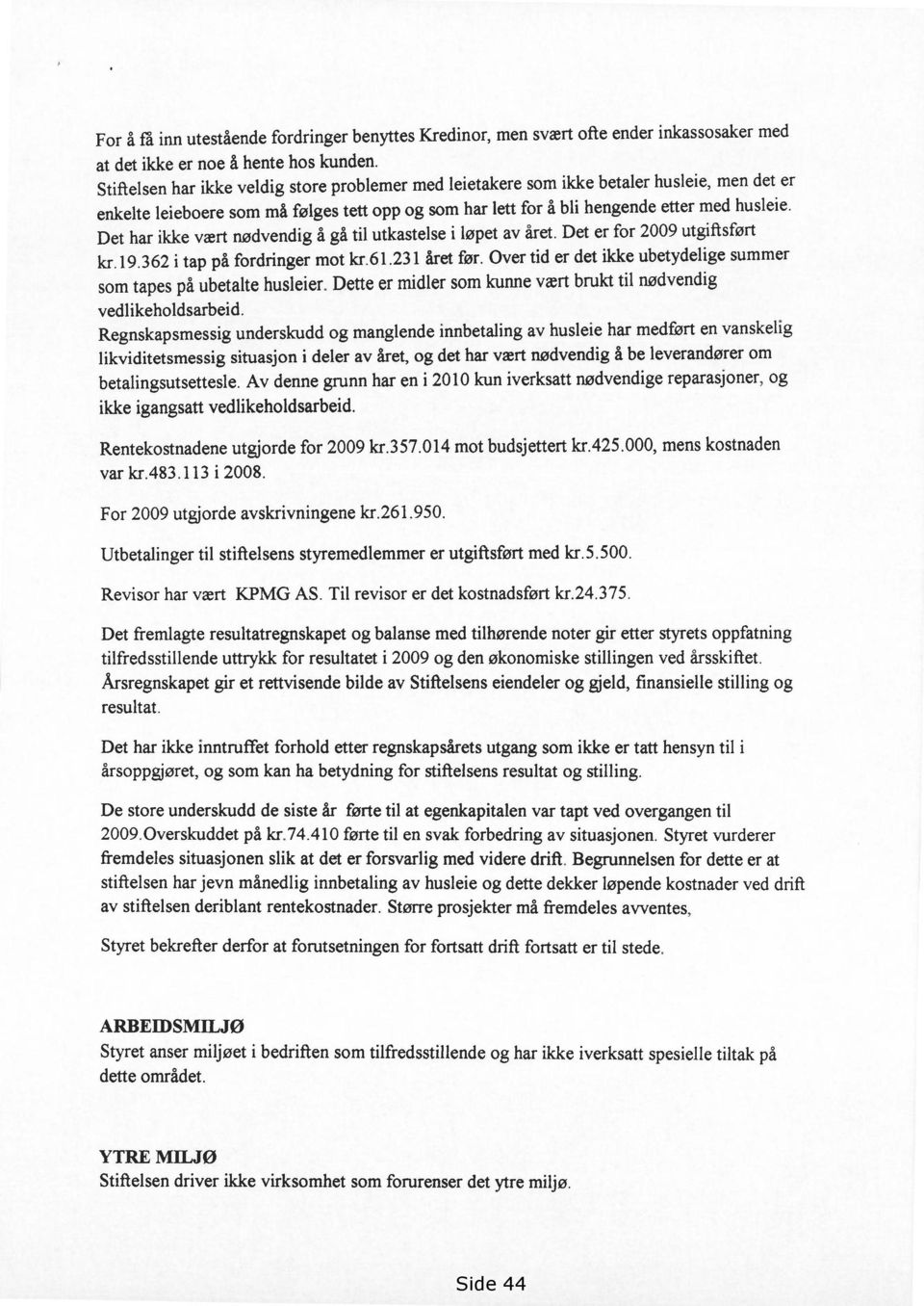 Det har ikke vært nødvendig å gå til utkastelse i løpet av året. Det er for 2009 utgiftsført kr.19.362 i tap på fordringer mot kr.61.231 året før.