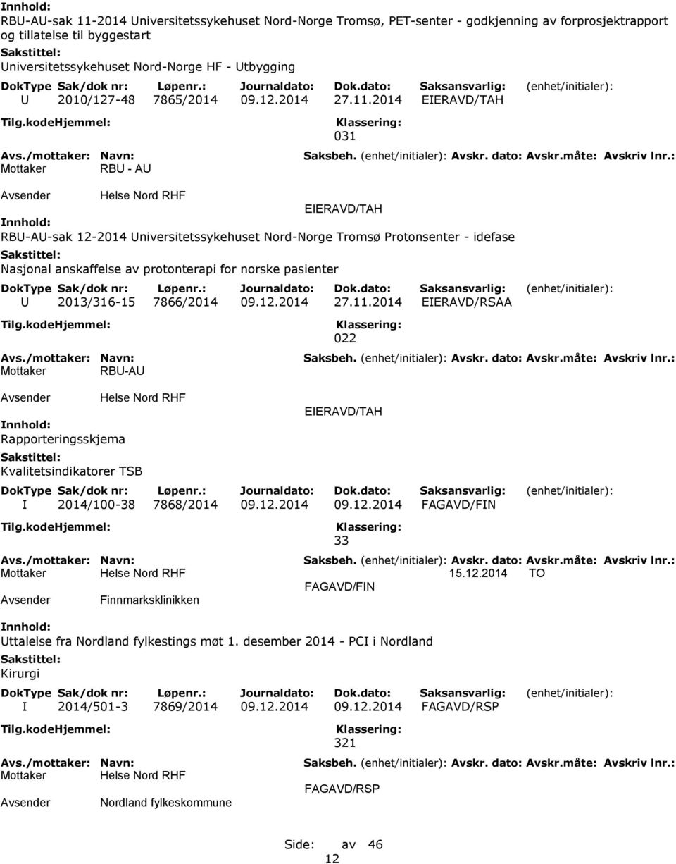 2014 EIERAVD/TAH Mottaker RBU - AU 031 EIERAVD/TAH RBU-AU-sak 12-2014 Universitetssykehuset Nord-Norge Tromsø Protonsenter - idefase Nasjonal anskaffelse av protonterapi for norske pasienter U