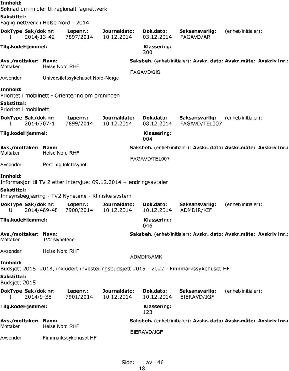 12.2014 + endringsavtaler Innsynsbegjæring - TV2 Nyhetene - Kliniske system U 2014/489-48 7900/2014 10.12.2014 10.12.2014 ADMDIR/KIF Mottaker TV2 Nyhetene 046 ADMDIR/AMK Budsjett 2015-2018, inkludert investeringsbudsjett 2015-2022 - Finnmarkssykehuset HF Budsjett 2015 I 2014/9-38 7901/2014 10.