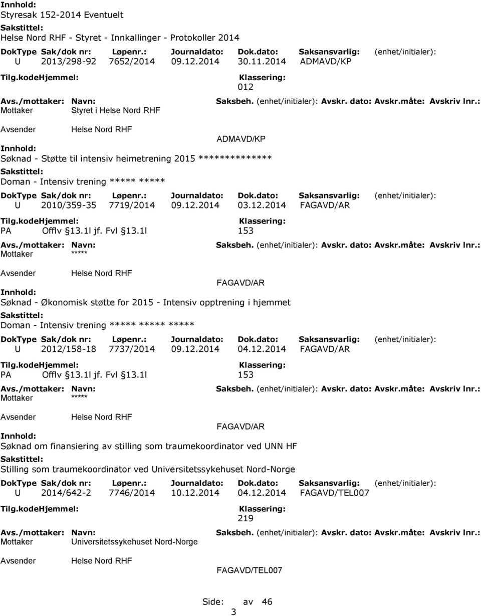 1l jf. Fvl 13.1l 153 Mottaker ***** FAGAVD/AR Søknad - Økonomisk støtte for 2015 - Intensiv opptrening i hjemmet Doman - Intensiv trening ***** ***** ***** U 2/158-18 7737/2014 09.12.