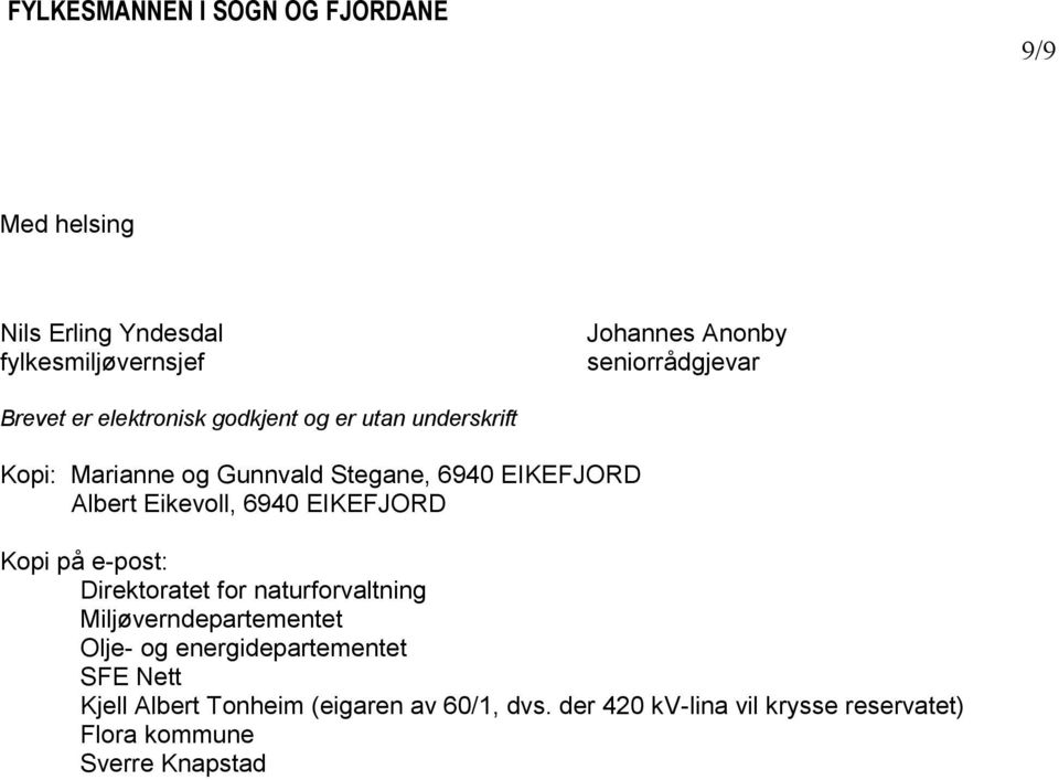 EIKEFJORD Kopi på e-post: Direktoratet for naturforvaltning Miljøverndepartementet Olje- og energidepartementet