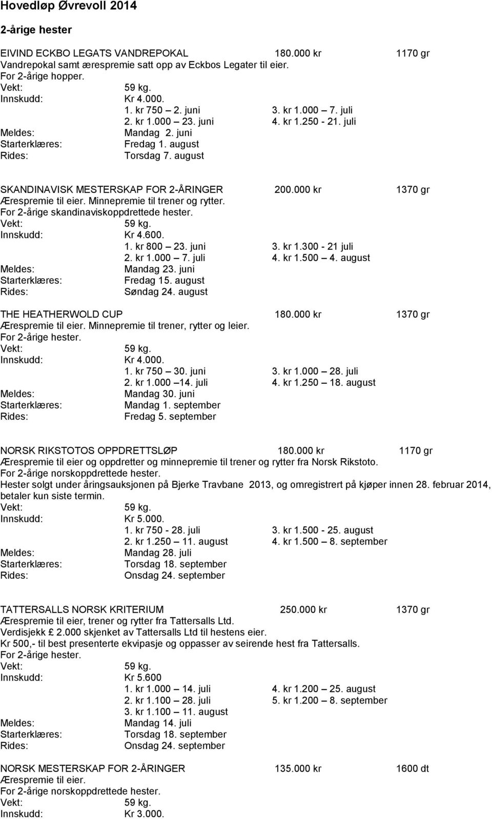 Innskudd: Kr 4.600. 1. kr 800 23. juni 3. kr 1.300-21 juli 2. kr 1.000 7. juli 4. kr 1.500 4. august Mandag 23. juni Fredag 15. august Søndag 24. august THE HEATHERWOLD CUP 180.