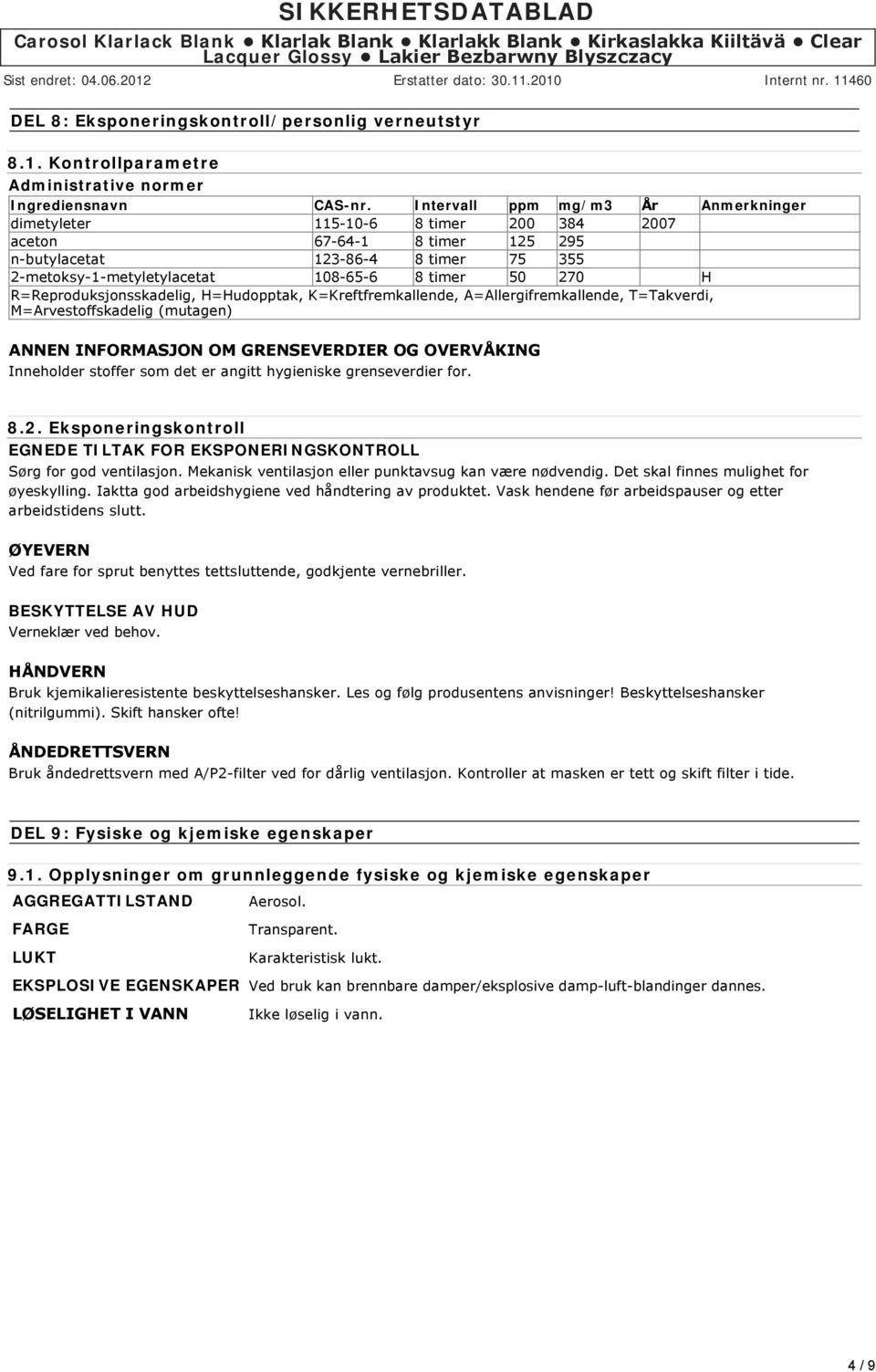 H R=Reproduksjonsskadelig, H=Hudopptak, K=Kreftfremkallende, A=Allergifremkallende, T=Takverdi, M=Arvestoffskadelig (mutagen) ANNEN INFORMASJON OM GRENSEVERDIER OG OVERVÅKING Inneholder stoffer som