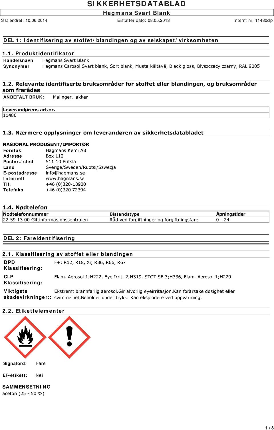 Nærmere opplysninger om leverandøren av sikkerhetsdatabladet NASJONAL PRODUSENT/IMPORTØR Foretak Hagmans Kemi AB Adresse Box 112 Postnr.