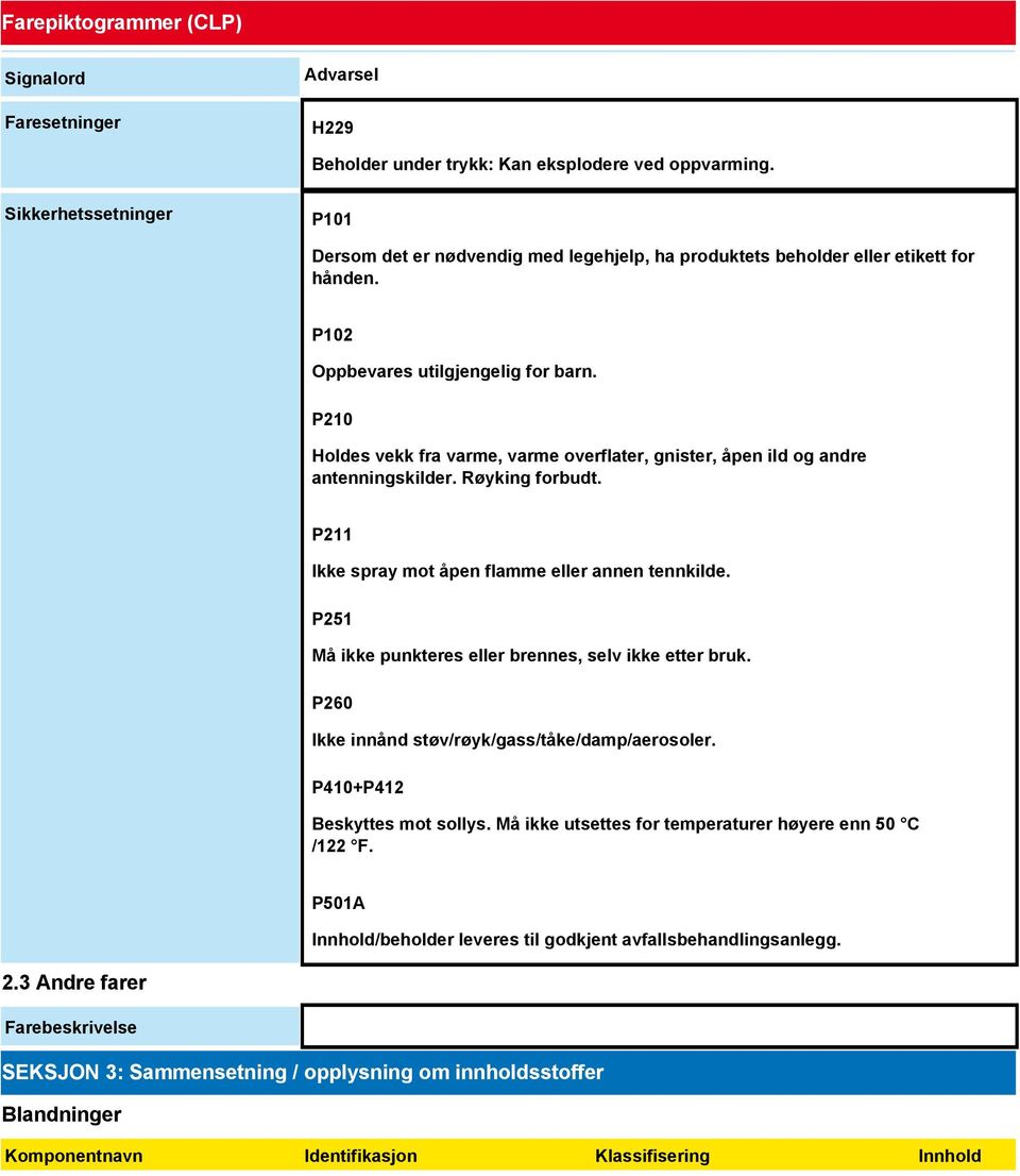 P210 Holdes vekk fra varme, varme overflater, gnister, åpen ild og andre antenningskilder. Røyking forbudt. P211 Ikke spray mot åpen flamme eller annen tennkilde.