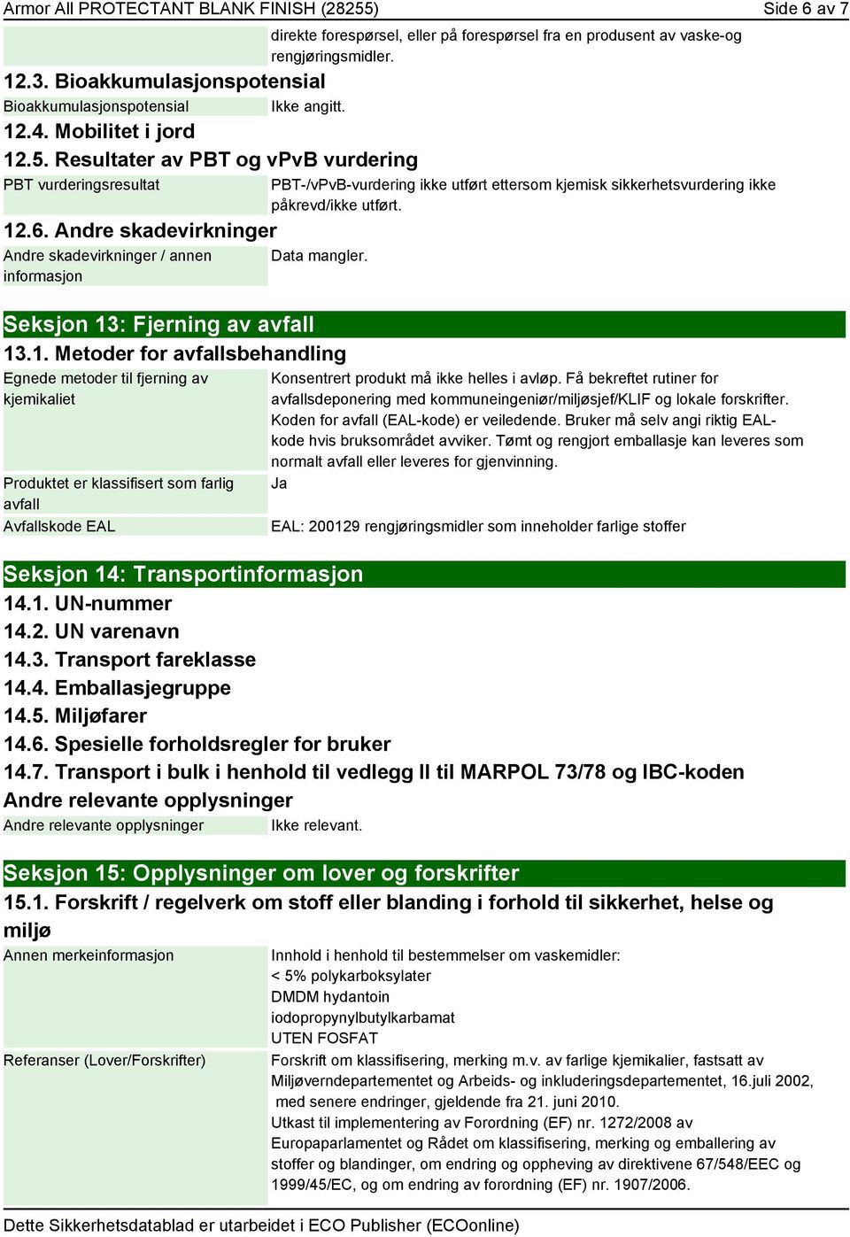 PBT-/vPvB-vurdering ikke utført ettersom kjemisk sikkerhetsvurdering ikke påkrevd/ikke utført. Data mangler. Seksjon 13