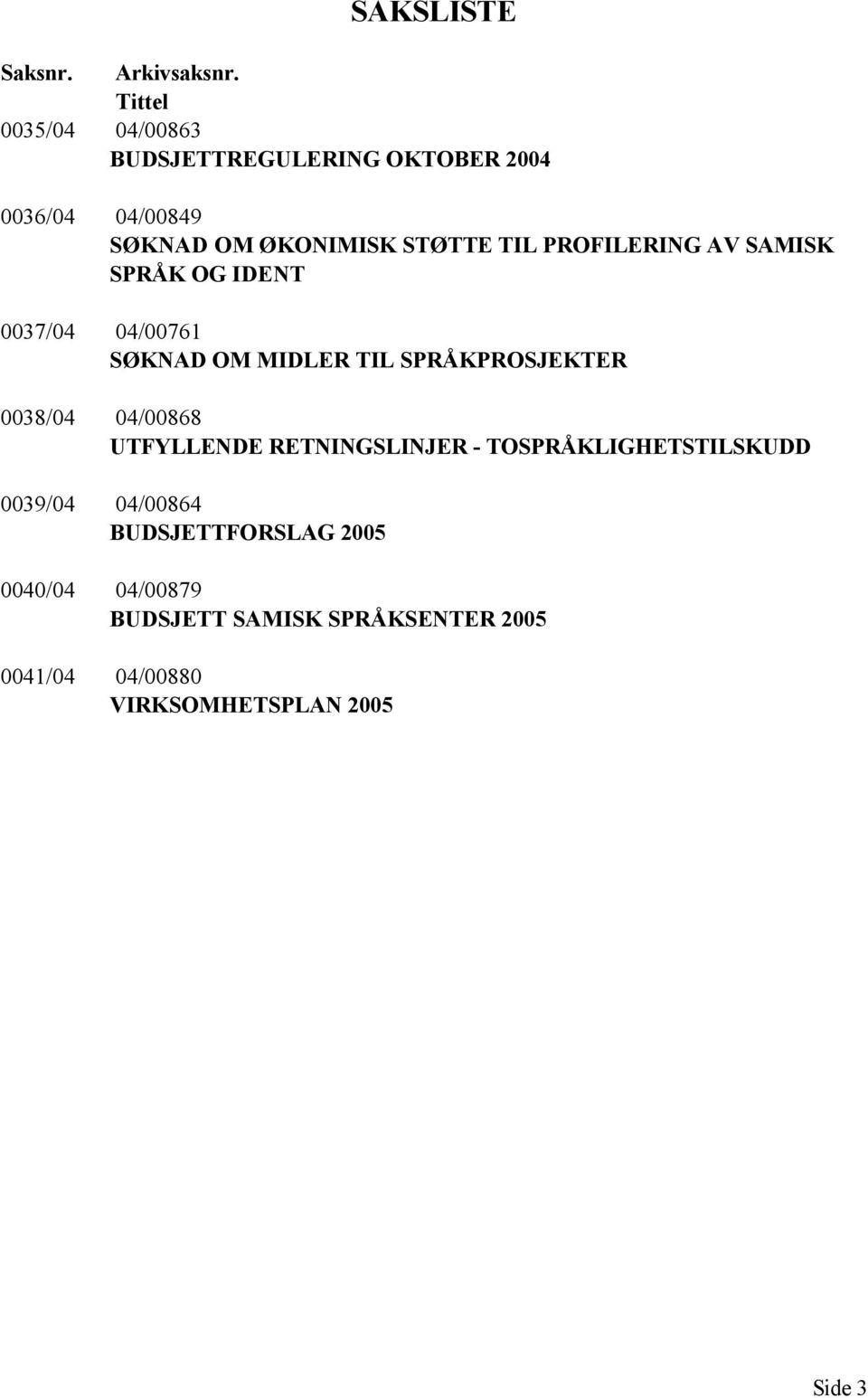 PROFILERING AV SAMISK SPRÅK OG IDENT 0037/04 04/00761 SØKNAD OM MIDLER TIL SPRÅKPROSJEKTER 0038/04