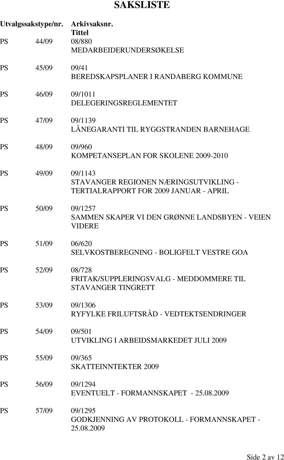 48/09 09/960 KOMPETANSEPLAN FOR SKOLENE 2009-2010 PS 49/09 09/1143 STAVANGER REGIONEN NÆRINGSUTVIKLING - TERTIALRAPPORT FOR 2009 JANUAR - APRIL PS 50/09 09/1257 SAMMEN SKAPER VI DEN GRØNNE LANDSBYEN