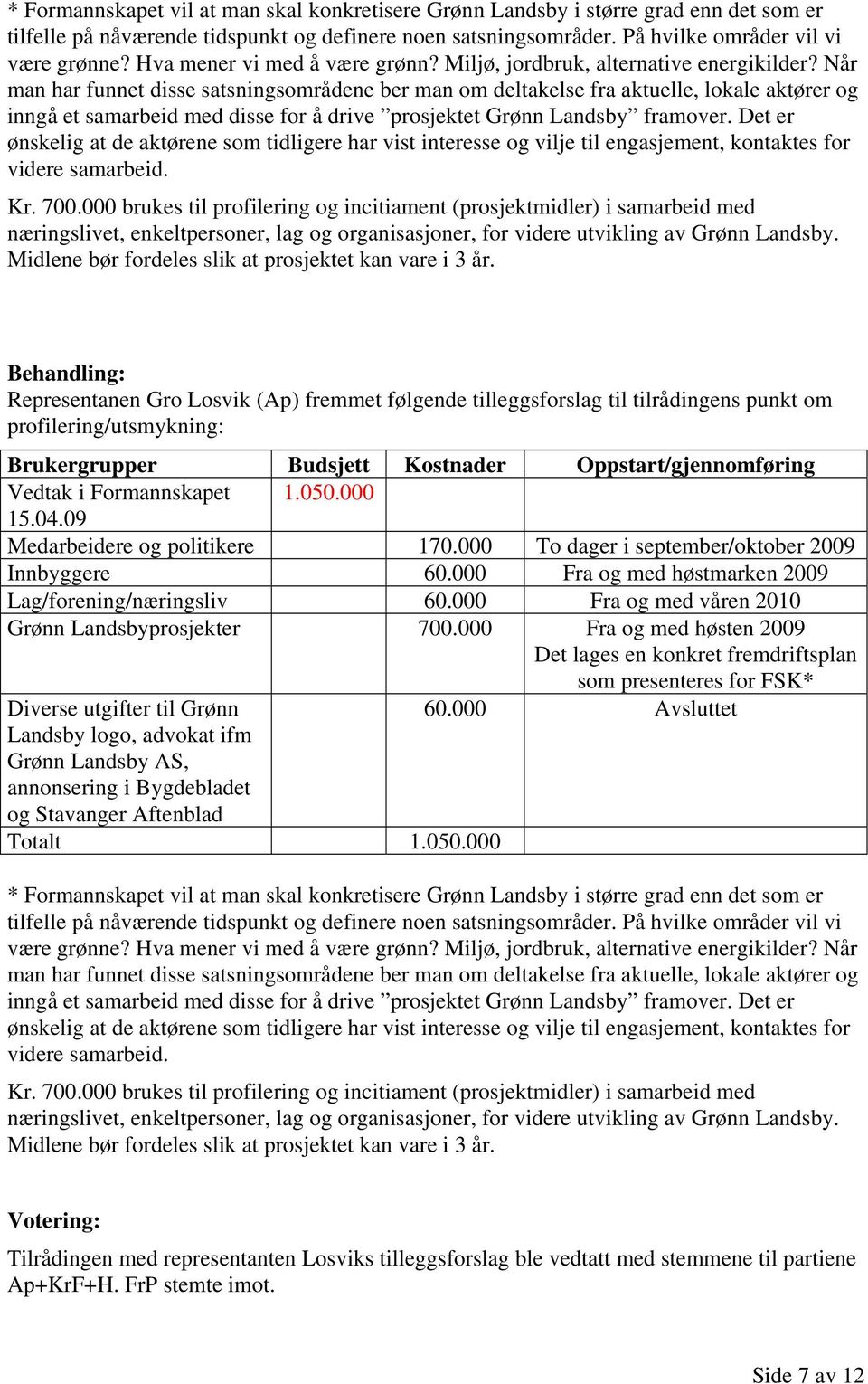 Når man har funnet disse satsningsområdene ber man om deltakelse fra aktuelle, lokale aktører og inngå et samarbeid med disse for å drive prosjektet Grønn Landsby framover.