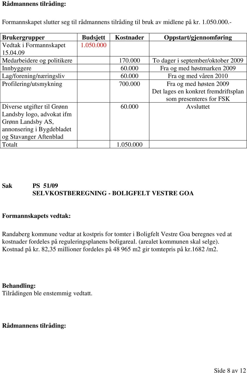 000 Fra og med høsten 2009 Det lages en konkret fremdriftsplan som presenteres for FSK Diverse utgifter til Grønn 60.