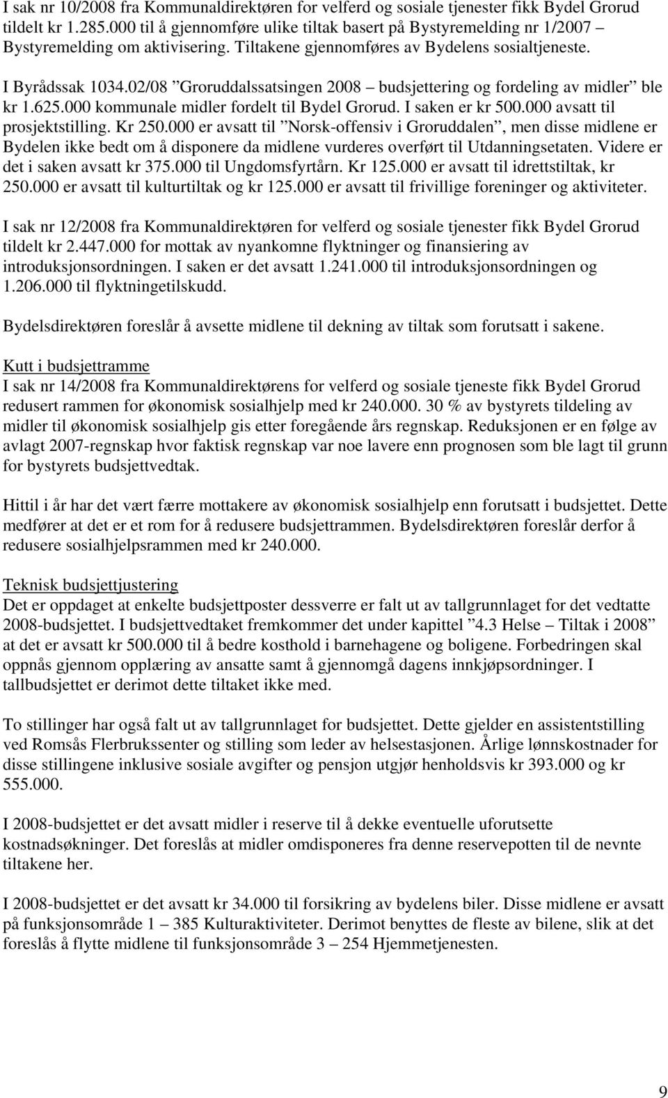 02/08 Groruddalssatsingen 2008 budsjettering og fordeling av midler ble kr 1.625.000 kommunale midler fordelt til Bydel Grorud. I saken er kr 500.000 avsatt til prosjektstilling. Kr 250.