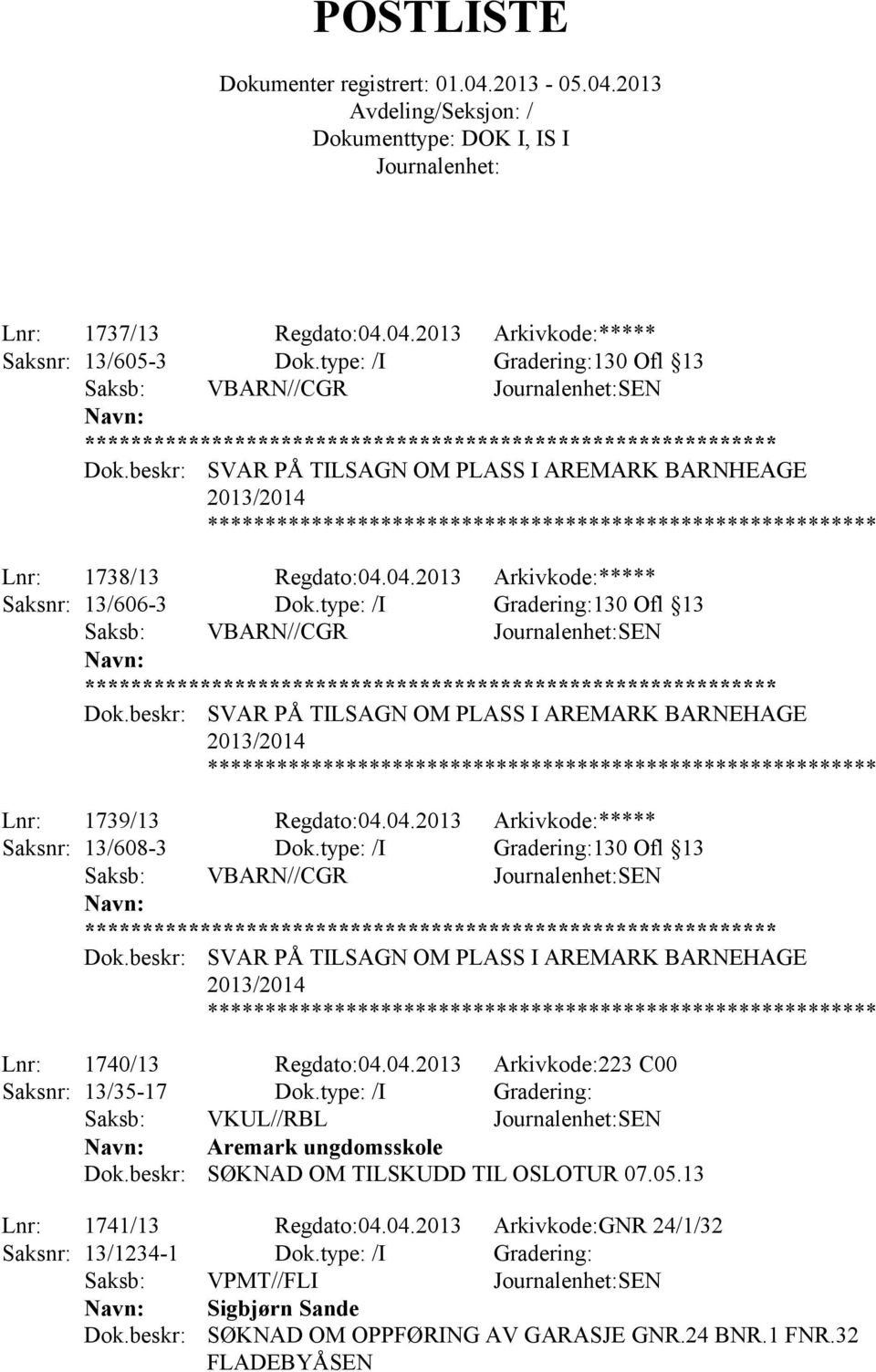 type: /I Gradering: Saksb: VKUL//RBL SEN Aremark ungdomsskole SØKNAD OM TILSKUDD TIL OSLOTUR 07.05.13 Lnr: 1741/13 Regdato:04.04.2013 Arkivkode:GNR 24/1/32 Saksnr: 13/1234-1 Dok.