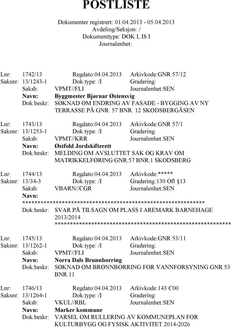 04.2013 Arkivkode:GNR 57/1 Saksnr: 13/1253-1 Dok.type: /I Gradering: Saksb: VPMT//KRR SEN Østfold Jordskifterett MELDING OM AVSLUTTET SAK OG KRAV OM MATRIKKELFØRING GNR.57 BNR.