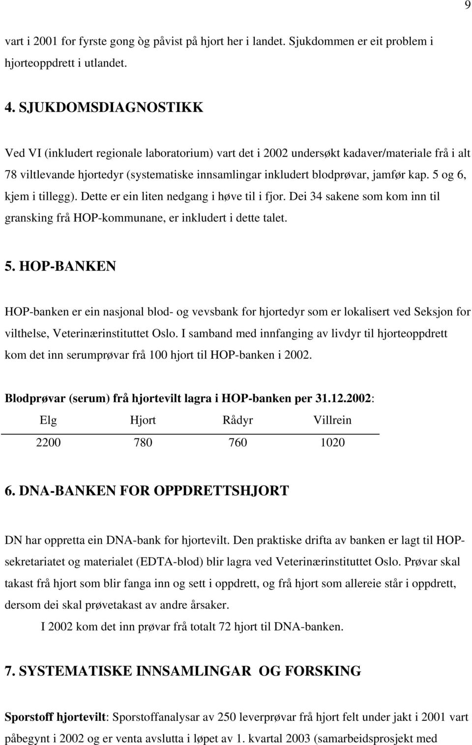 kap. 5 og 6, kjem i tillegg). Dette er ein liten nedgang i høve til i fjor. Dei 34 sakene som kom inn til gransking frå HOP-kommunane, er inkludert i dette talet. 5. HOP-BANKEN HOP-banken er ein nasjonal blod- og vevsbank for hjortedyr som er lokalisert ved Seksjon for vilthelse, Veterinærinstituttet Oslo.