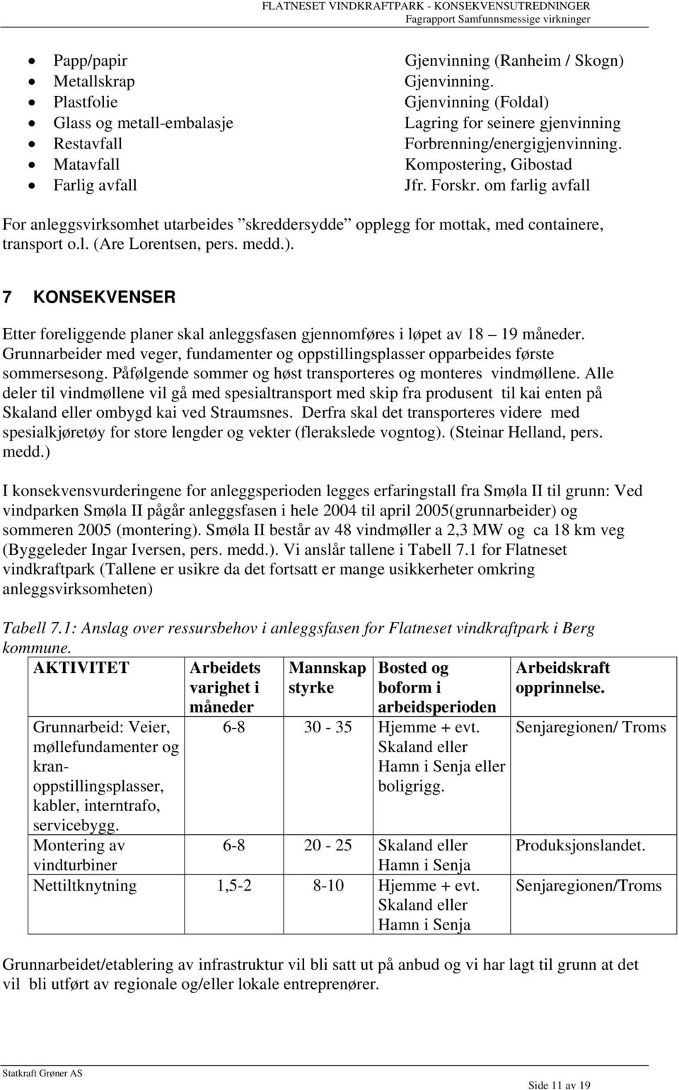 medd.). 7 KONSEKVENSER Etter foreliggende planer skal anleggsfasen gjennomføres i løpet av 18 19 måneder. Grunnarbeider med veger, fundamenter og oppstillingsplasser opparbeides første sommersesong.