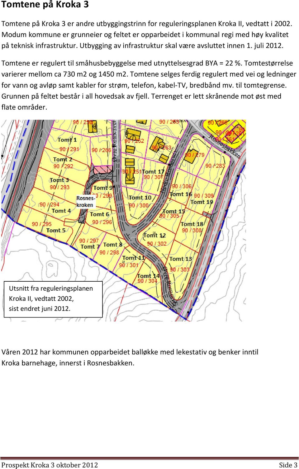 Tomtene er regulert til småhusbebyggelse med utnyttelsesgrad BYA = 22 %. Tomtestørrelse varierer mellom ca 730 m2 og 1450 m2.