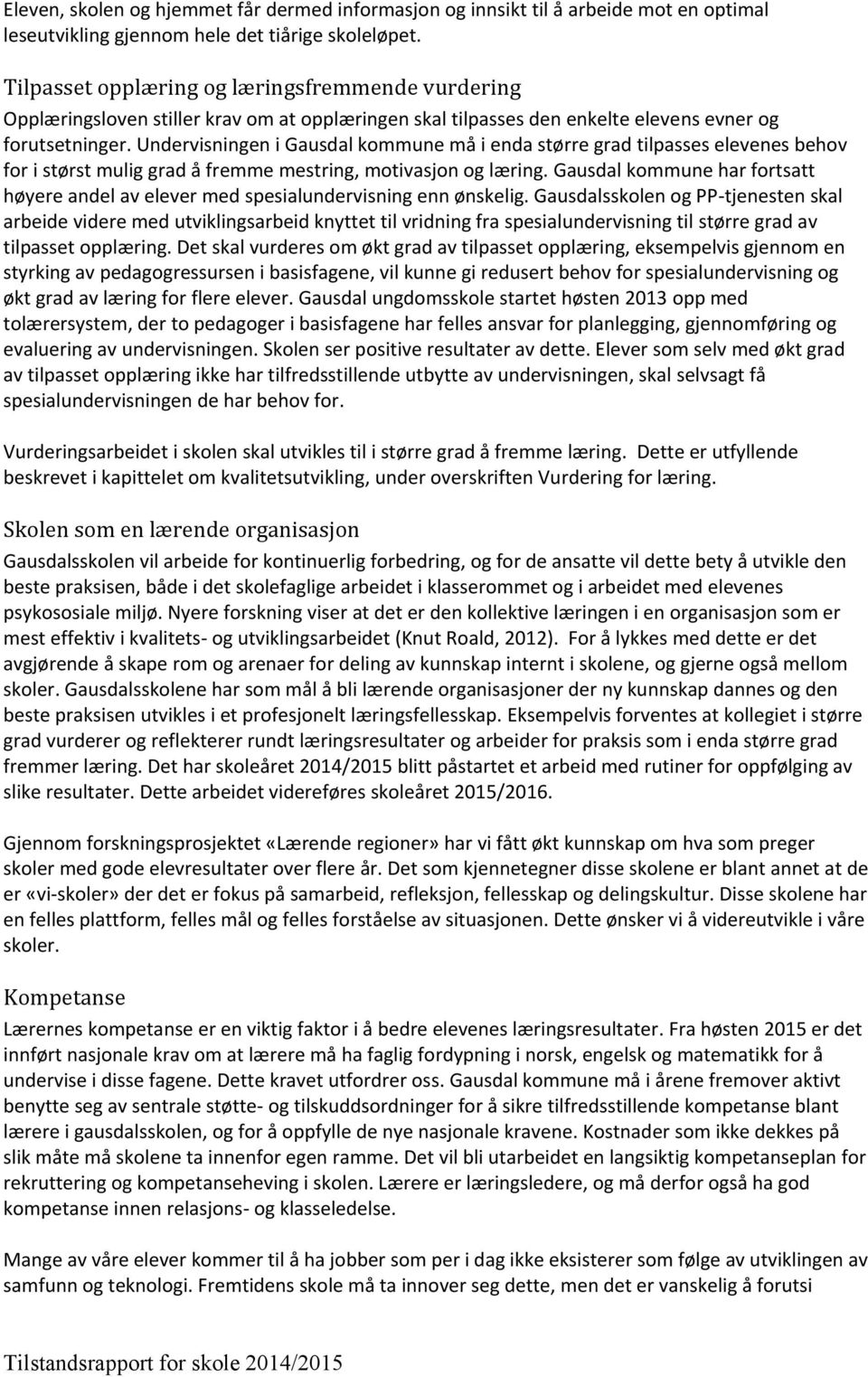 Undervisningen i Gausdal kommune må i enda større grad tilpasses elevenes behov for i størst mulig grad å fremme mestring, motivasjon og læring.