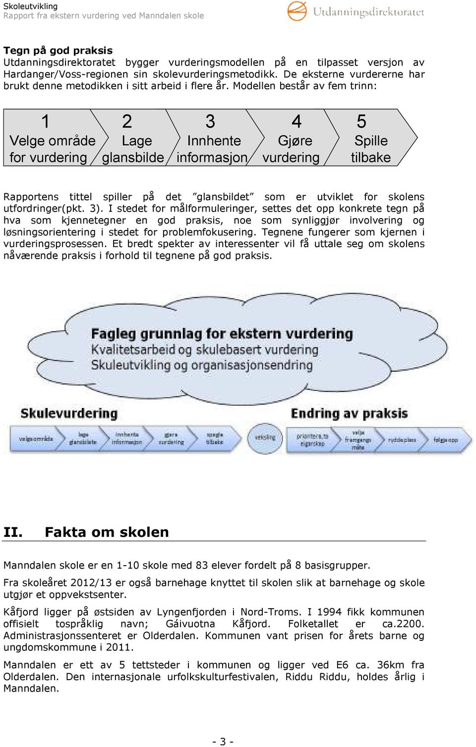 Modellen består av fem trinn: 1 Velge område for vurdering 2 Lage glansbilde 3 Innhente informasjon 4 Gjøre vurdering 5 Spille tilbake Rapportens tittel spiller på det glansbildet som er utviklet for