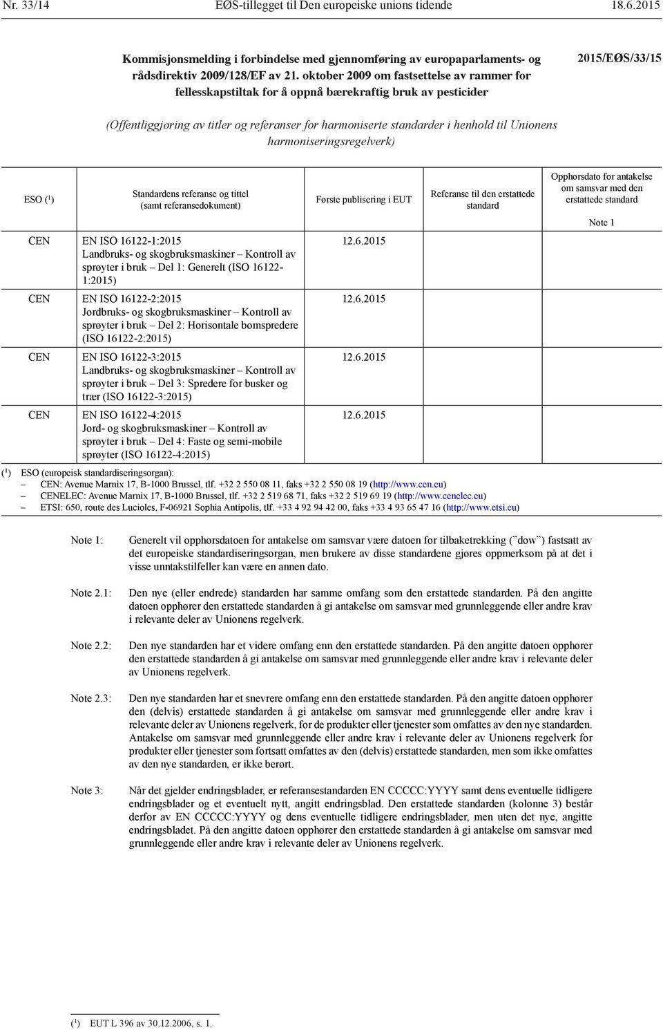til Unionens harmoniseringsregelverk) ESO ( 1 ) Standardens referanse og tittel (samt referansedokument) CEN EN ISO 16122-1:2015 Landbruks- og skogbruksmaskiner Kontroll av sprøyter i bruk Del 1: