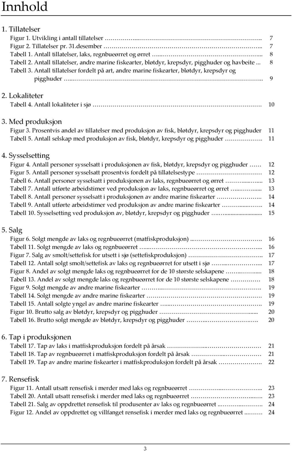 Lokaliteter Tabell 4. Antall lokaliteter i sjø. 10 3. Med produksjon Figur 3. Prosentvis andel av tillatelser med produksjon av fisk, bløtdyr, krepsdyr og pigghuder 11 Tabell 5.