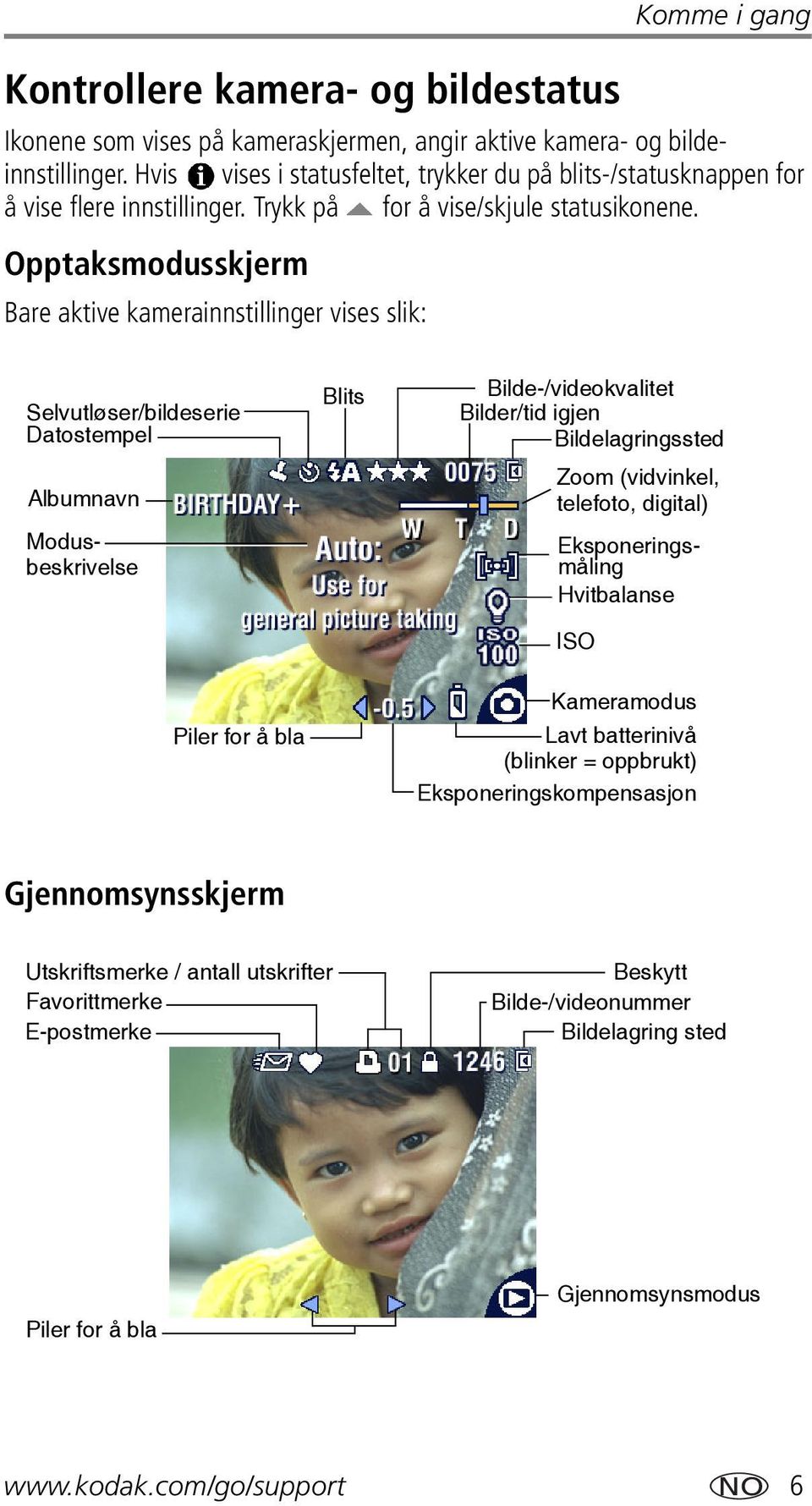 Opptaksmodusskjerm Bare aktive kamerainnstillinger vises slik: Selvutløser/bildeserie Datostempel Albumnavn Modusbeskrivelse Blits Bilde-/videokvalitet Bilder/tid igjen Bildelagringssted Zoom