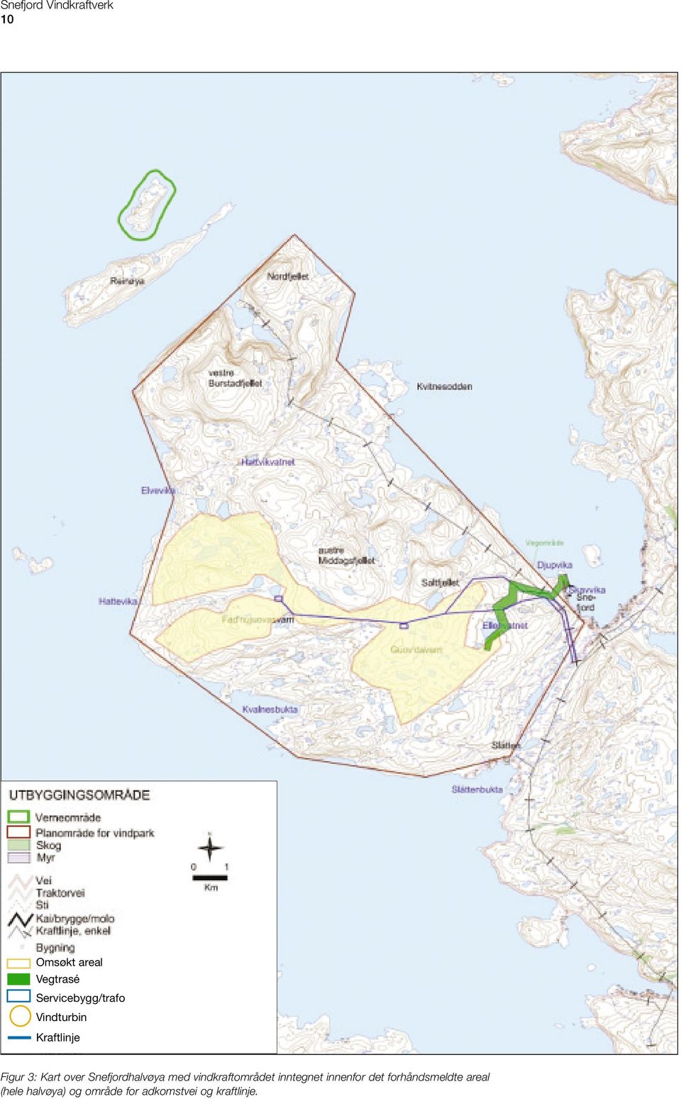 Snefjordhalvøya med vindkraftområdet inntegnet innenfor det