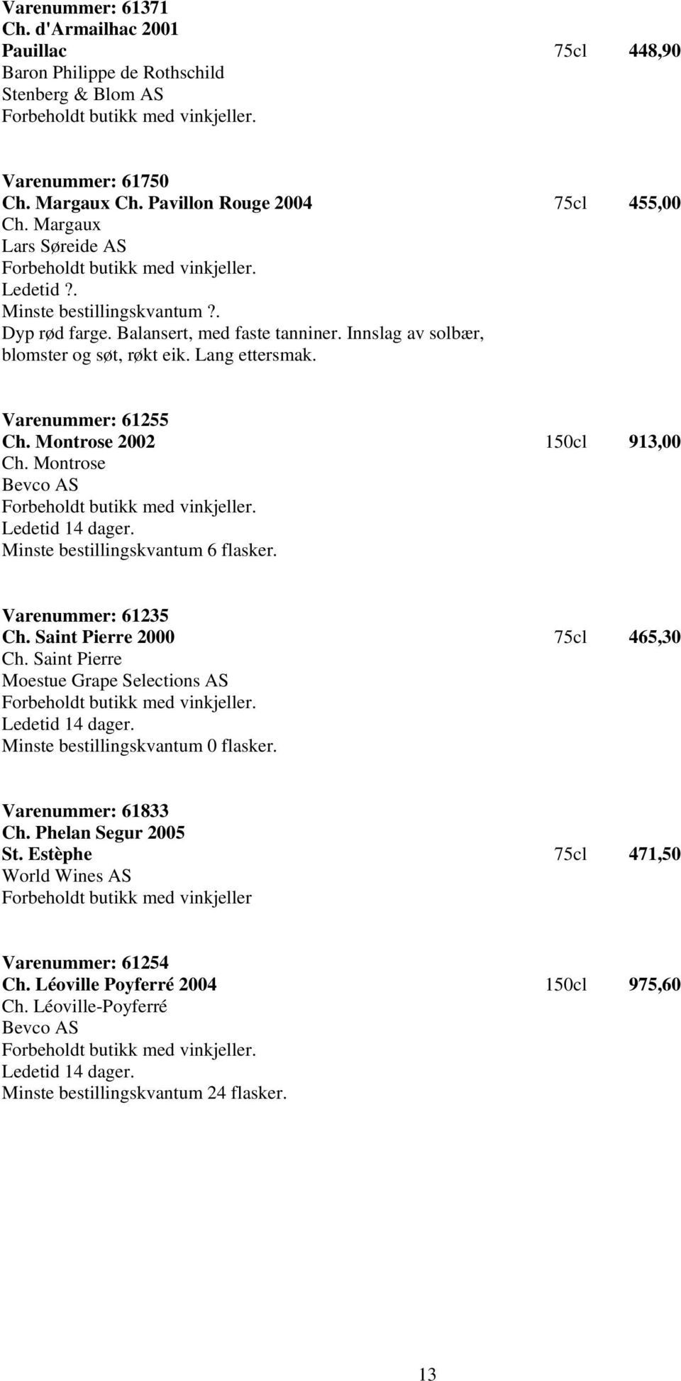 Montrose 2002 150cl 913,00 Ch. Montrose Bevco AS Minste bestillingskvantum 6 flasker. Varenummer: 61235 Ch. Saint Pierre 2000 75cl 465,30 Ch. Saint Pierre Minste bestillingskvantum 0 flasker.