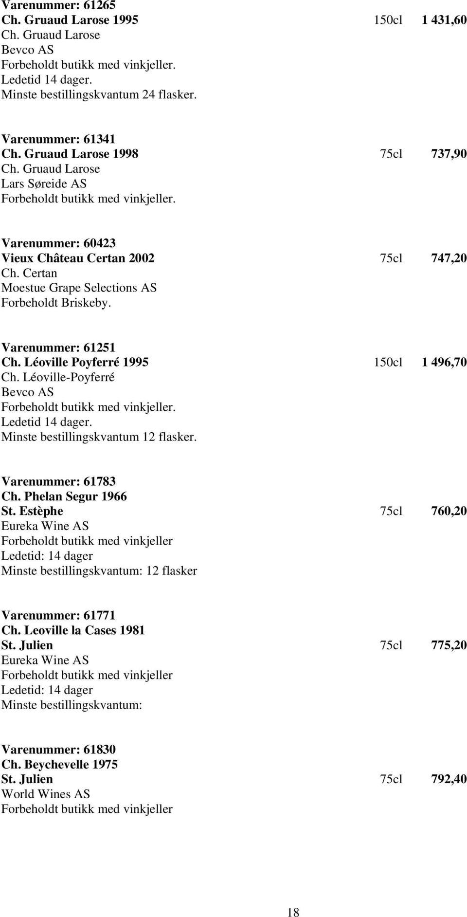 Léoville-Poyferré Bevco AS Varenummer: 61783 Ch. Phelan Segur 1966 St. Estèphe 75cl 760,20 Forbeholdt butikk med vinkjeller Ledetid: 14 dager Varenummer: 61771 Ch. Leoville la Cases 1981 St.