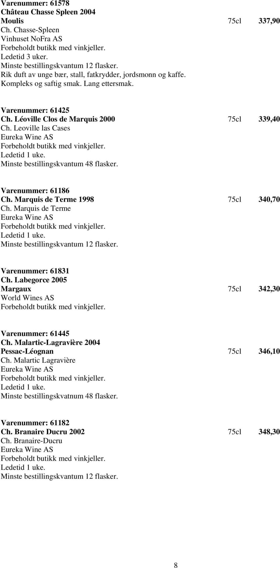 Varenummer: 61186 Ch. Marquis de Terme 1998 75cl 340,70 Ch. Marquis de Terme Varenummer: 61831 Ch. Labegorce 2005 Margaux 75cl 342,30 World Wines AS Varenummer: 61445 Ch.