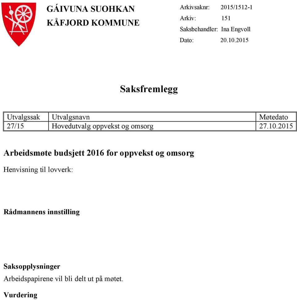 2015 Saksfremlegg Utvalgssak Utvalgsnavn Møtedato 27/15 Hovedutvalg oppvekst og omsorg 27.