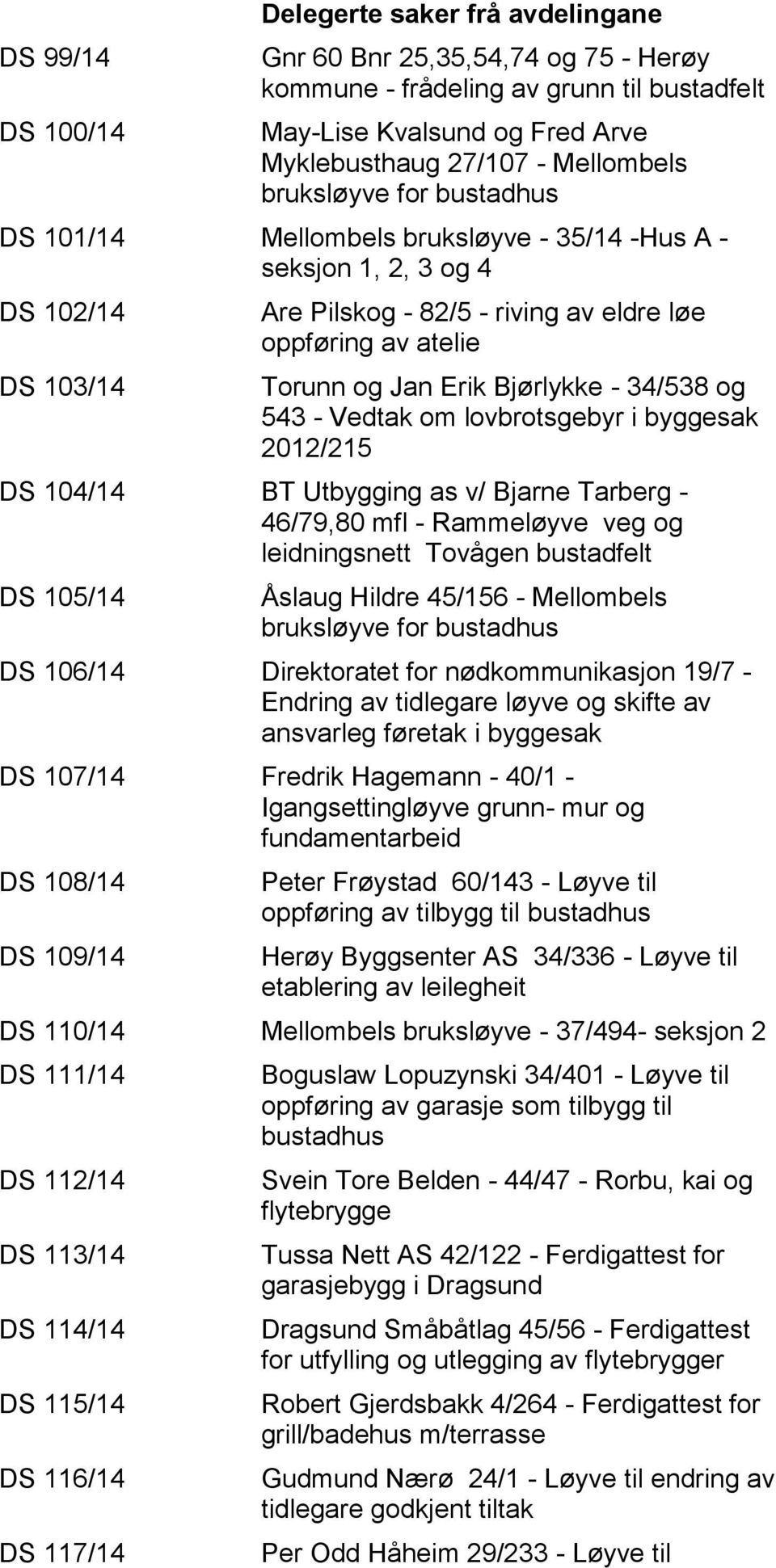 Bjørlykke - 34/538 og 543 - Vedtak om lovbrotsgebyr i byggesak 2012/215 DS 104/14 BT Utbygging as v/ Bjarne Tarberg - 46/79,80 mfl - Rammeløyve veg og leidningsnett Tovågen bustadfelt DS 105/14